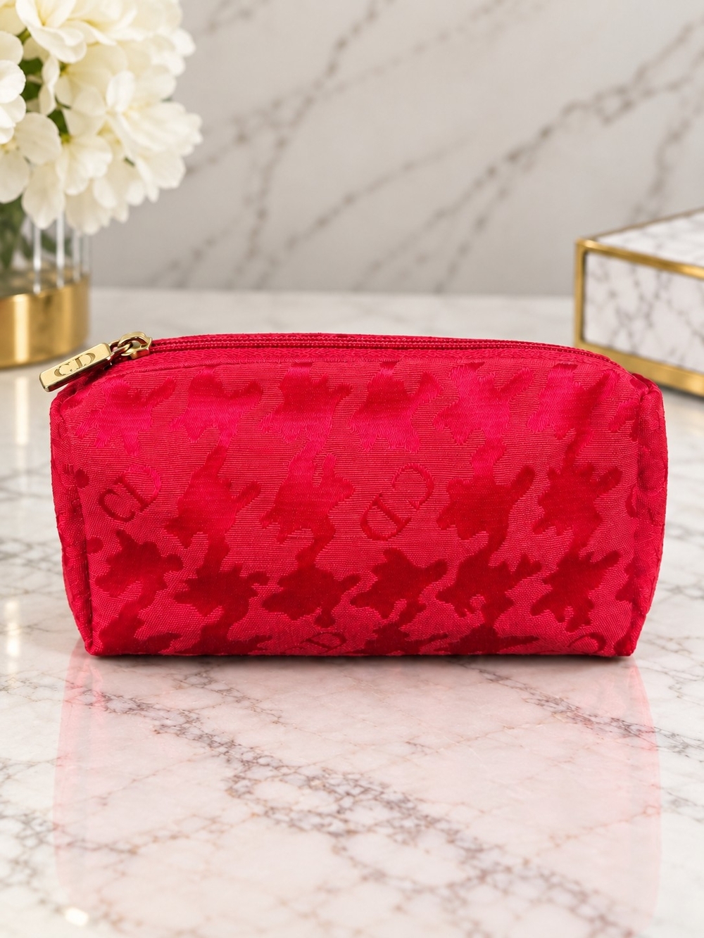 Vintage Christian Dior Red Cosmetic Zipper Pouch Bag W/CD Gold Pull